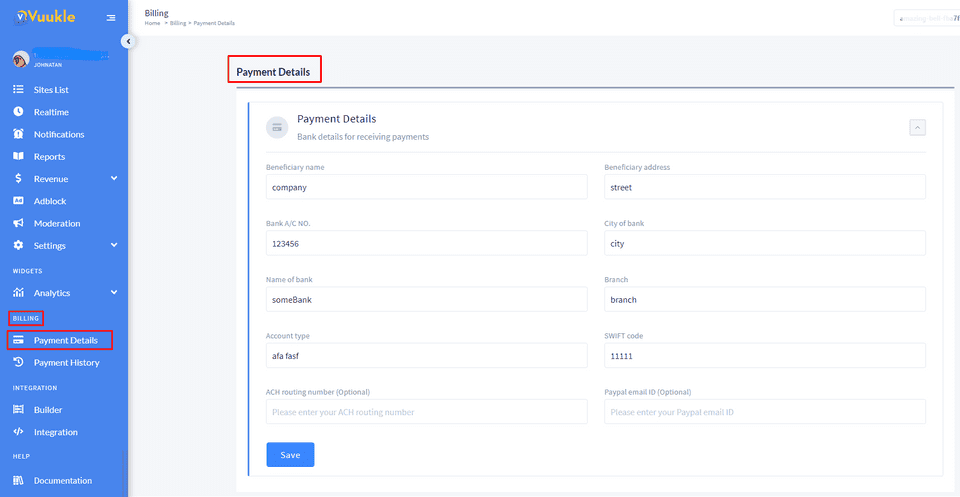 dashboard payment details