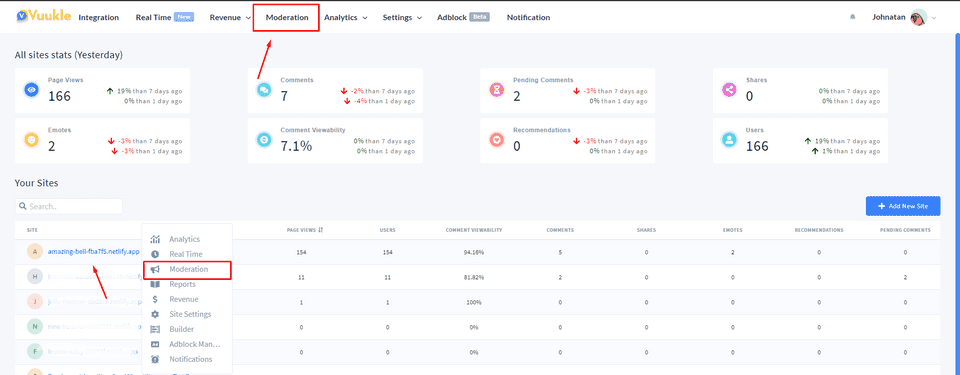 dashboard moderation